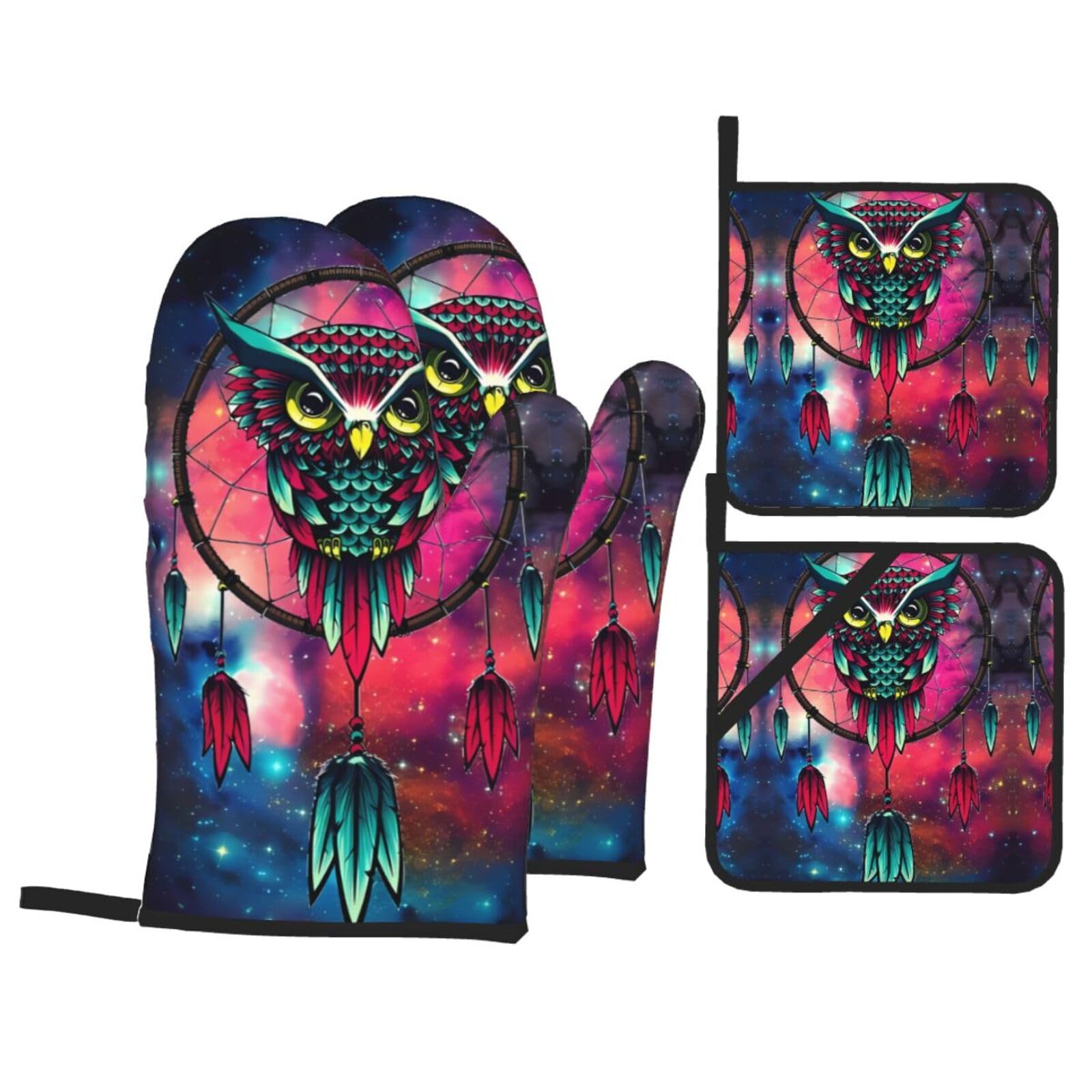 YYHHAOFA Owl Prints Kitchen Baking Set with Heat Resistant Pot Holders & Oven Mitts - Waterproof Layers for Cooking, Grilling & Serving, Includes Pocket Layer