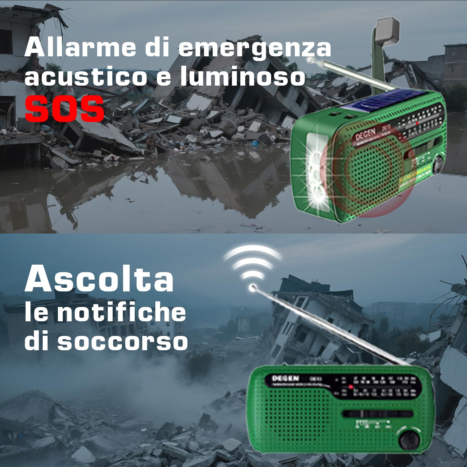 DE13 FM AM SW Radio Portatile Manovella Solare EmergenzaRadio Wind Up Radio con Torcia Elettrica Luce da Lettura Regolabile SOS Allarme Funzione Adatta a Famiglia Campeggio