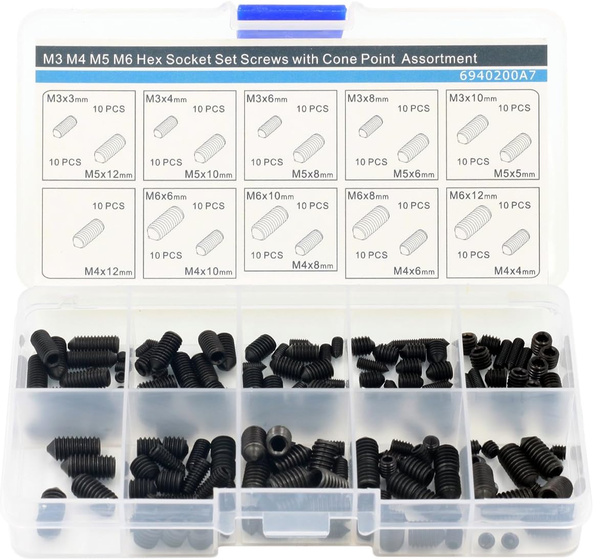 Hex Socket Set Screws with Cone Piont Assortment Kit,Alloy Steel,190 Pieces,Black