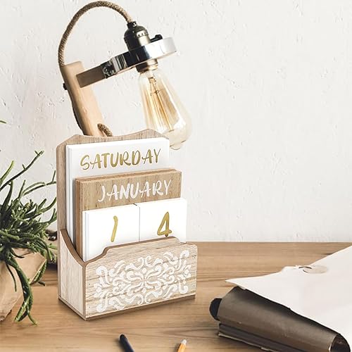 Miniatura 6 de Nicunom Calendario de escritorio de madera, bloque de madera, calendario perpetuo para escritorio, vintage, semana, mes, fecha, bloque, calendario