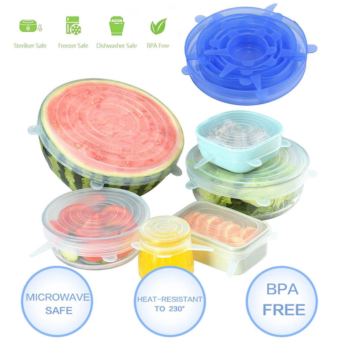 Stretchable Silicone Lid, 12-Pack in Various Sizes Silicone Stretch Lid for Bowl, Jar, Glassware, Food Saver Covers Safe in the dishwasher, microwave and freezer — Amazon image 5