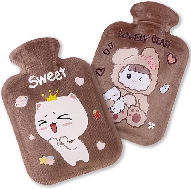 Echehi Mini Hot Water Bottle with Cover Set of 2, Portable 600ml Hot Water Bag with Cover for Easy Hand Warming, PVC Warm Water Bag for Hands Feet Waist Hot & Cold Therapy.