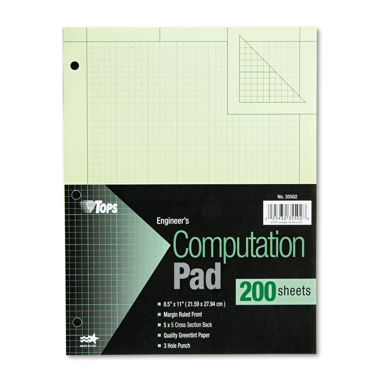 TOPS Engineering Computation Pad, 8-1/2" x 11", Glue Top, 5 x 5 Graph Rule on Back, Green Tint Paper, 3-Hole Punched, 200 Sheets (35502)