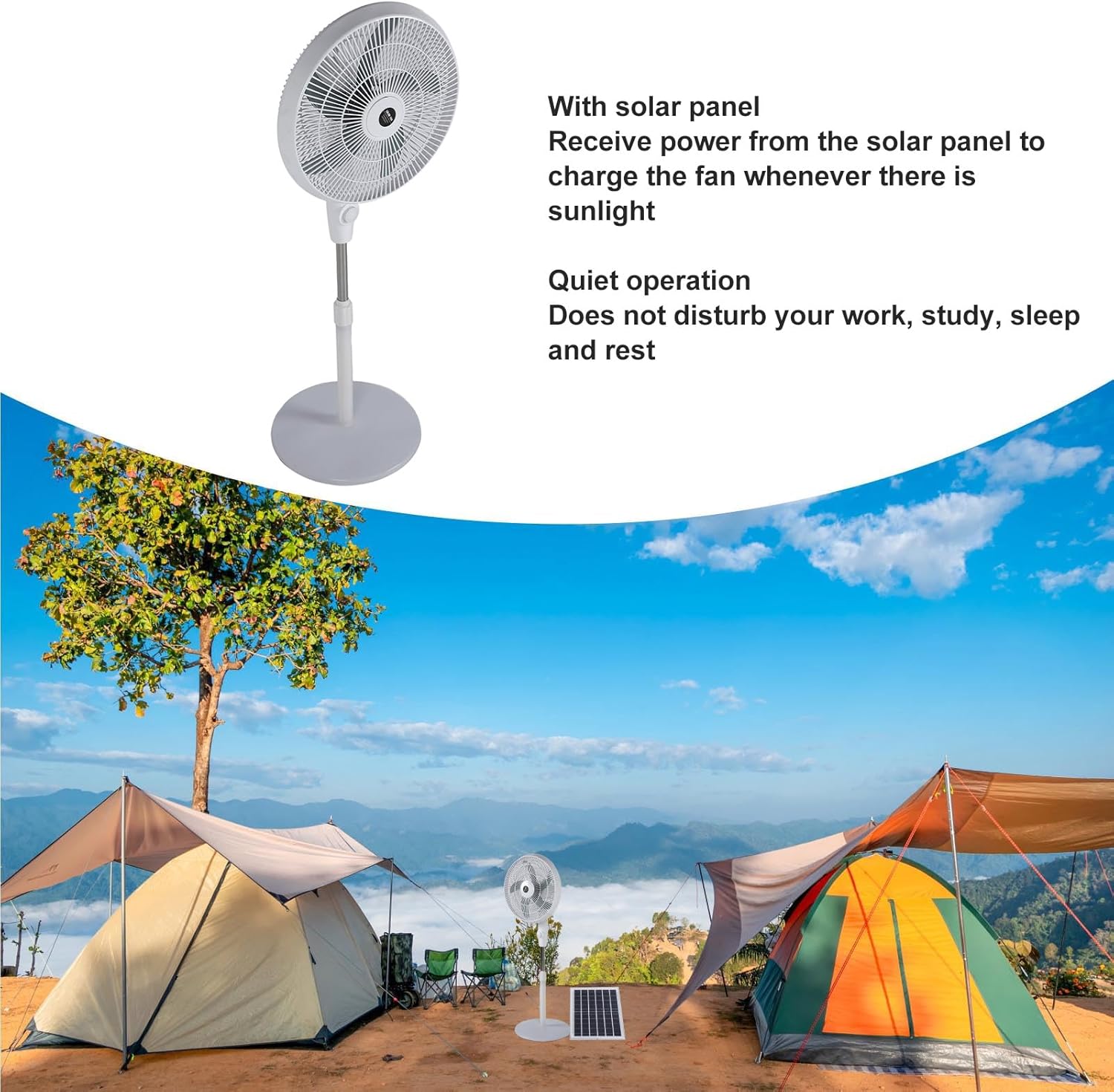Yunir Standing Fan with Portable Solar Panel,Rechargeable Battery Operated Pedestal Fans 3 Speeds Quiet Floor Fan for Bedroom Home Office Travel,5-12H Working