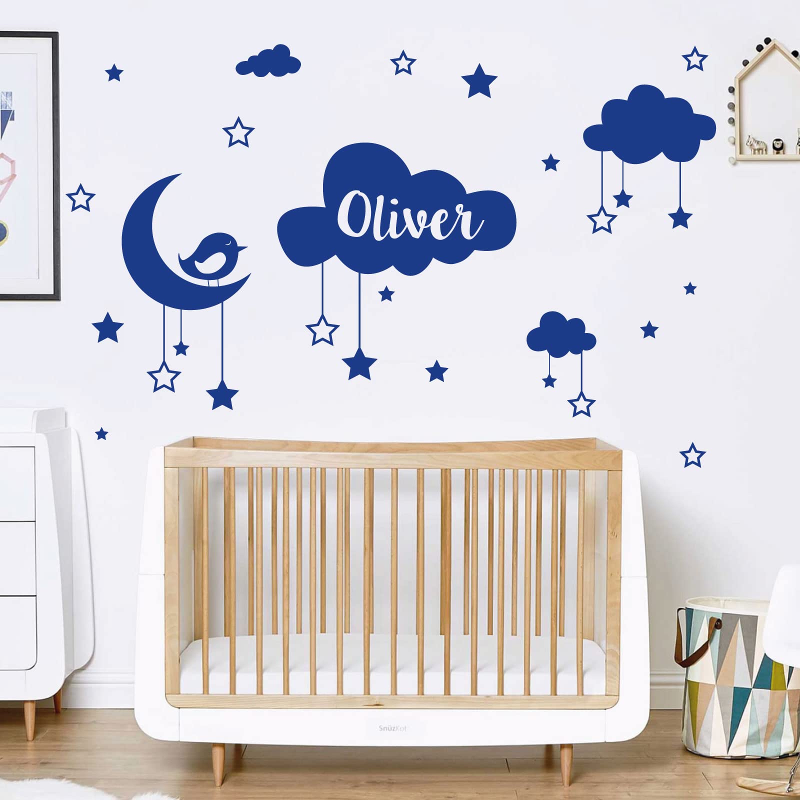 Personalised Name Baby Wall Sticker - Clouds, Stars, Moon & Bird [Large] [Mid Blue]