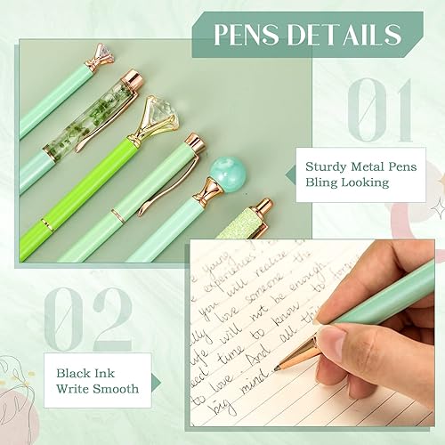 Miniatura 3 de Juego de 9 bolígrafos de metal con diamantes de cristal bolígrafo de arena líquida purpurina para diario tinta negra retráctil purpurina de cristal