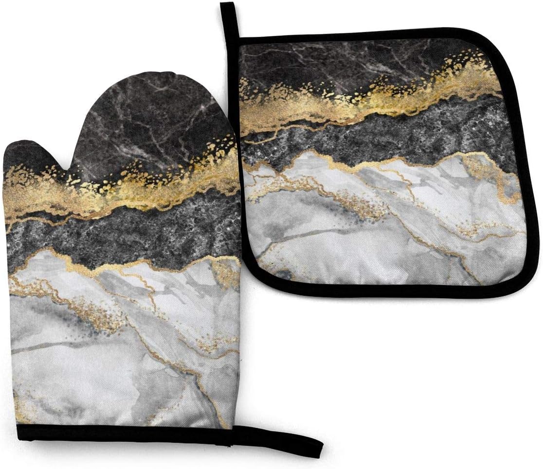 CSDGHRHX Black White Gold Foil Marble Oven Mitts and Pot