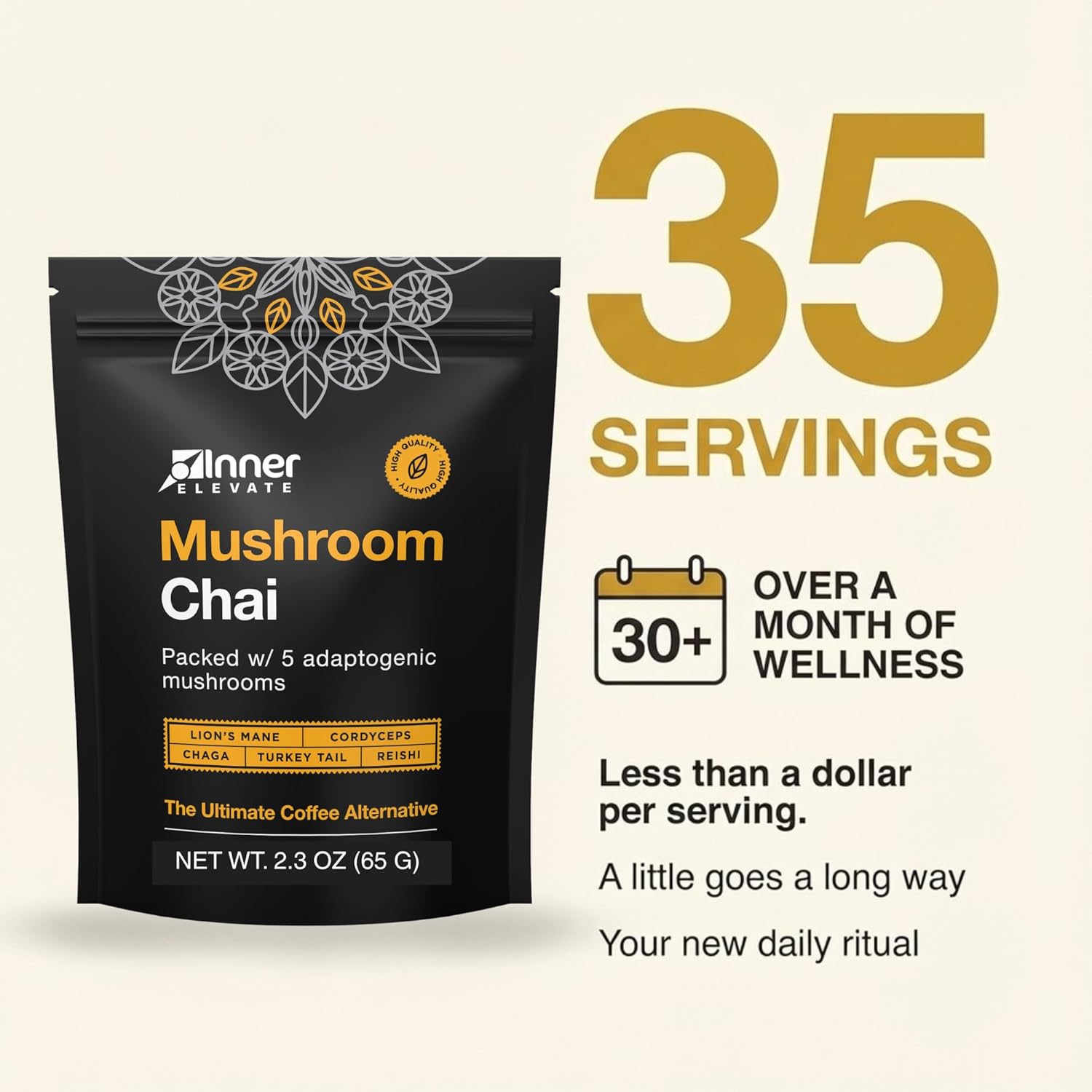 Inner Elevate Superfood Mushroom Chai - Ultimate Coffee Alternative - Adaptogenic Mushroom Tea Drink with Lion's Mane, Cordyceps, Chaga, Reishi, Turkey Tail (35 Servings)