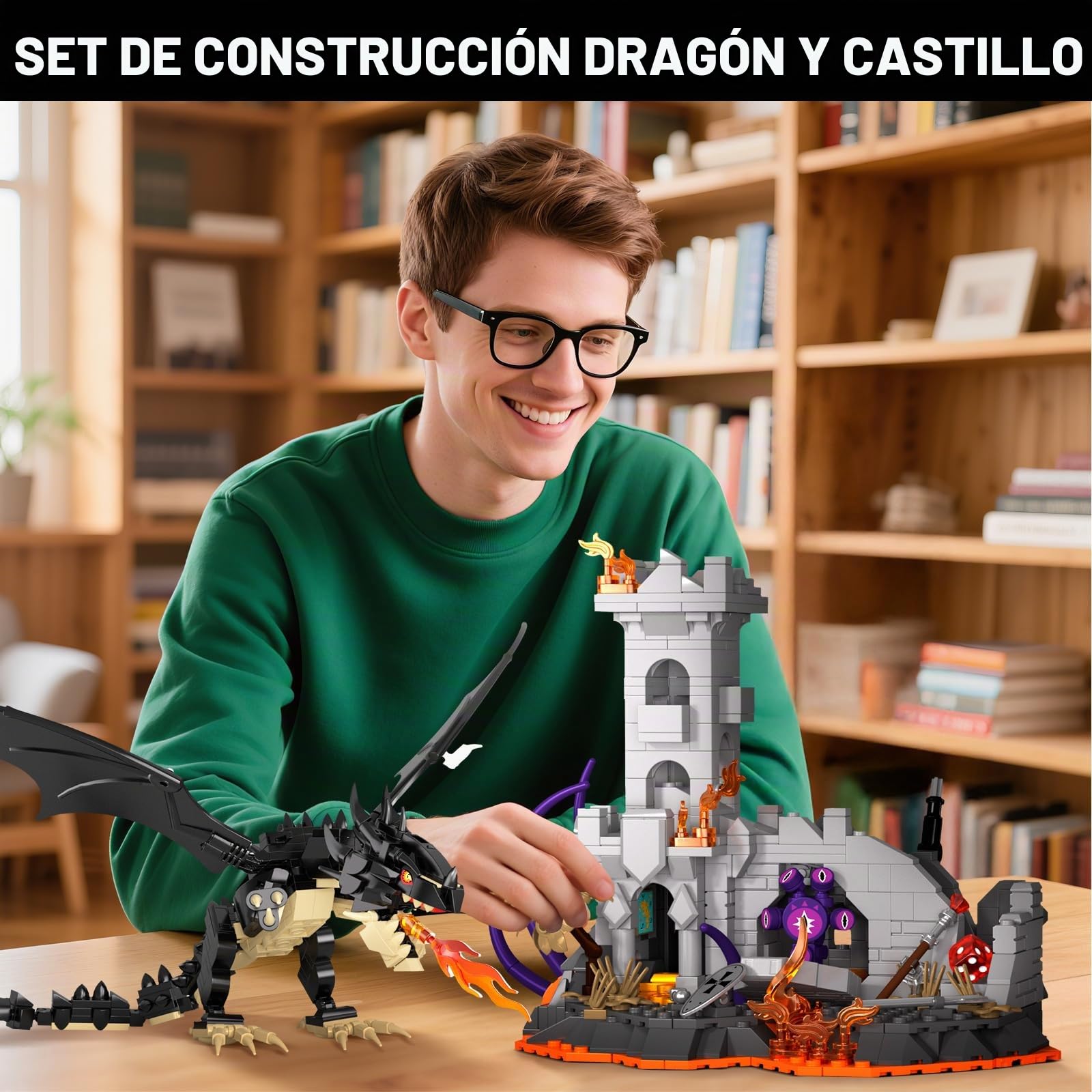 Juego de construcción del castillo Dragonfire, kit de modelo de fortaleza medieval, juego de bloques de construcción Fire Dragon para adultos y niños, decoración para la oficina en casa (919 piezas)