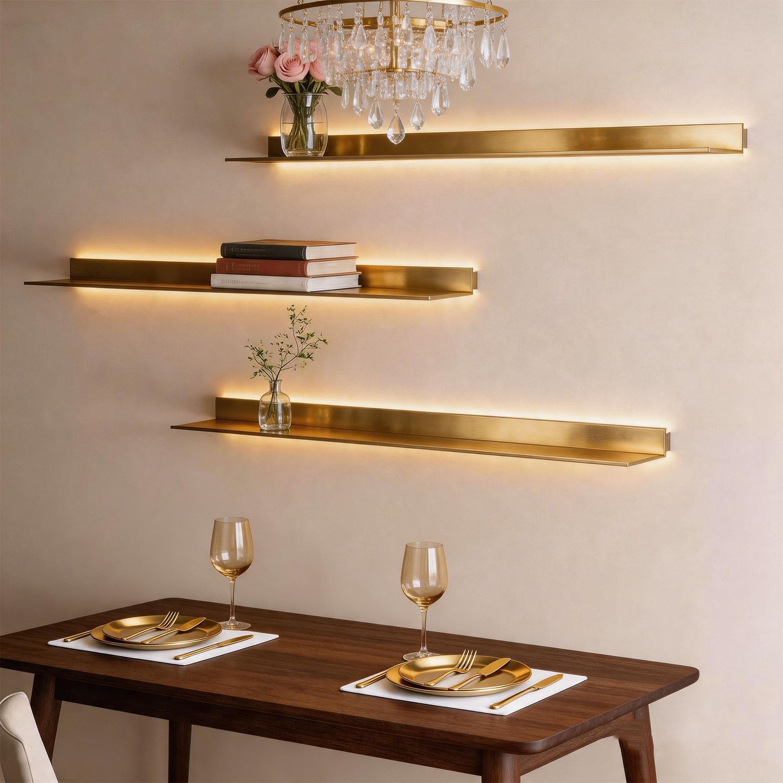 BVCL Scaffale da Parete in Metallo LED, Mensola Sospesa | Per Soggiorno Camera Da Letto Bagno Illuminazione Integrata Luminoso Arredamento d'interni Portabott(Gold,60cm)