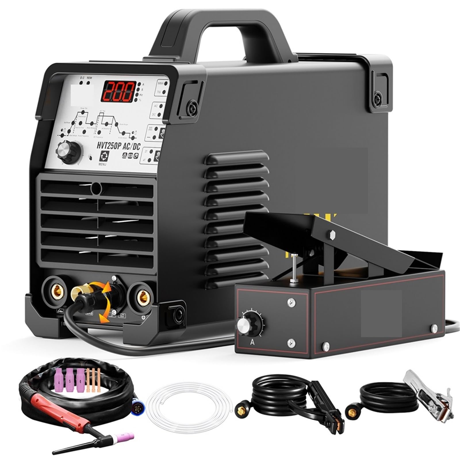 Wielofunkcyjna spawarka TIG 6 w 1 200 A, aluminium, AC/DC, MMA, łuk, HF, TIG, impuls, argon, falownik IGBT 2T/4T, 220 V (z pedałem)