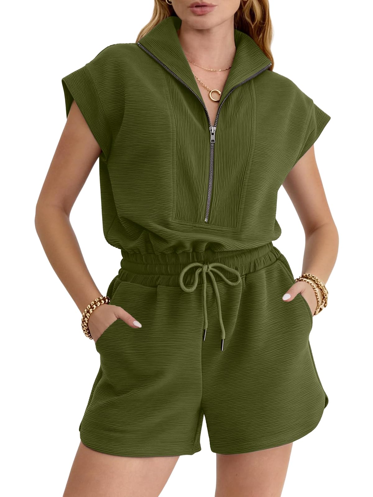 Rompers for Women Summer Short Sleeve Half Zip Lapel Collar Jumpsuit Casual Drawstring One Piece Outfits with Pockets