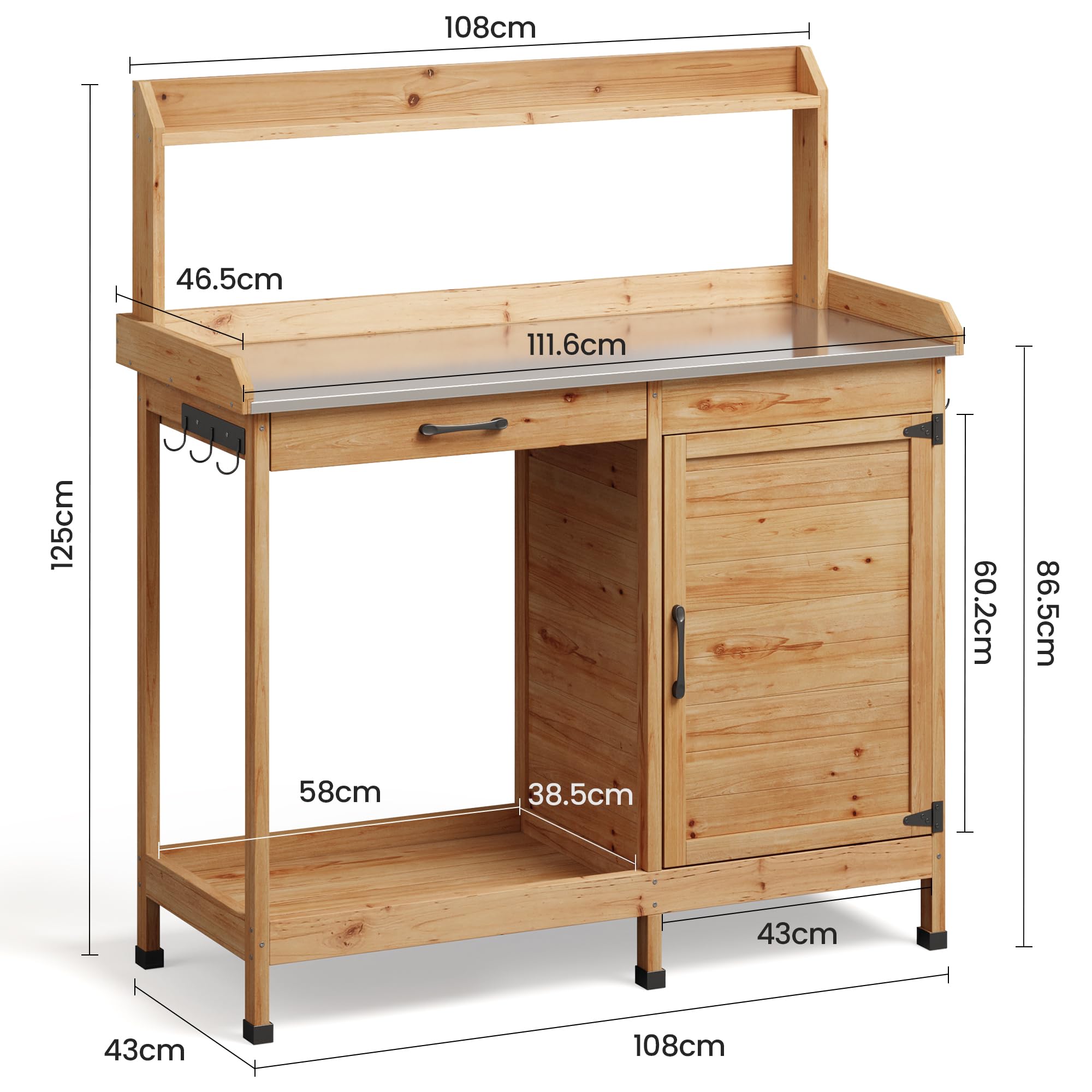 Table de Jardinage Bealife pour Plantes avec Banc, 111,6 x 46,5 x 125 cm, Naturel