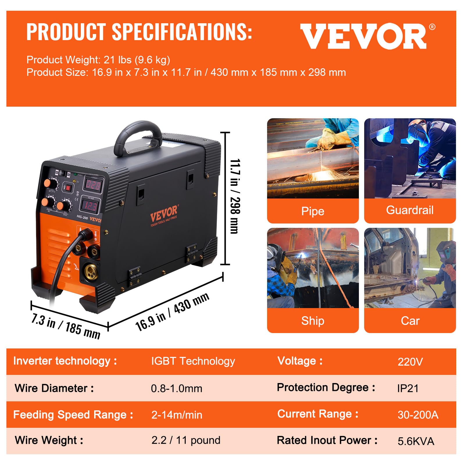 VEVOR Spawarka MIG/MMA/TIG 3 w 1 30-200 A, spawanie drutem wypełniającym (0,6 mm, 0,8 mm i 1 mm), technologia IGBT 2,2-12 m/min, prędkość drutu 200 A przy 60% znamionowym cyklu pracy, stopień ochrony