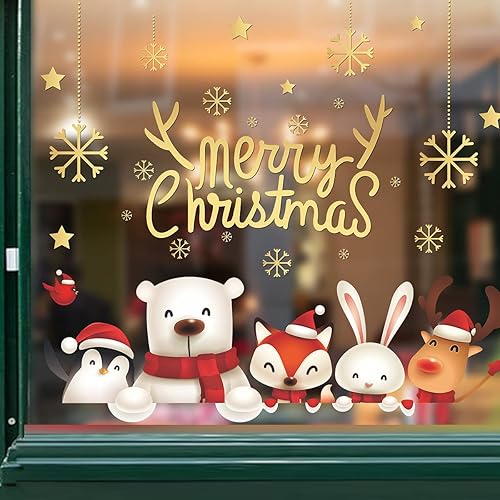 Miniatura 5 de Calcomanías de pared de Navidad, copos de nieve, calcomanías de pared, decoración de ventana de pared, citas doradas, muñeco de nieve, oso, reno,