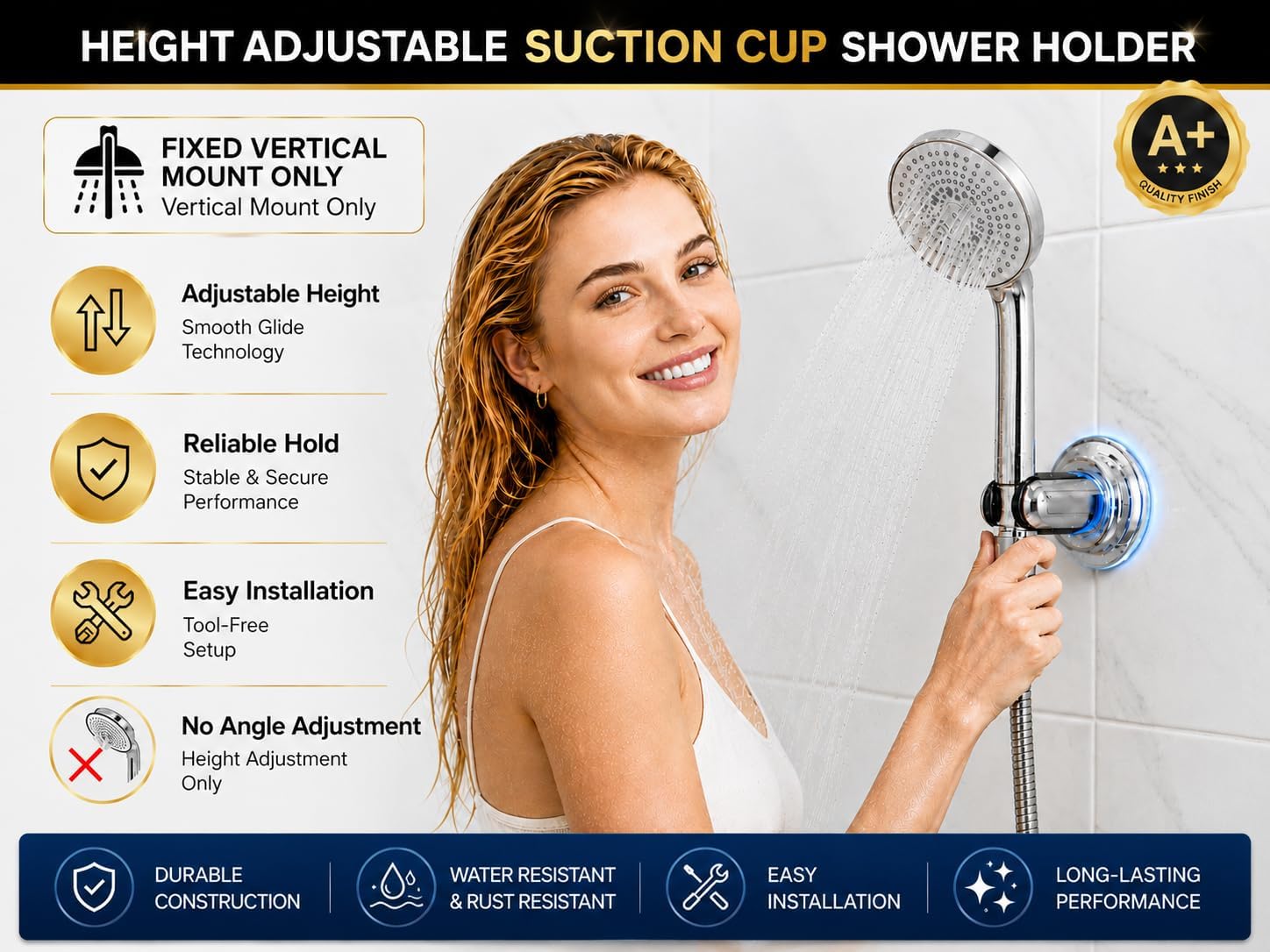HOME&I Suction Cup Shower Head Holder for Handheld Shower–Includes 3M Adhesive Disc, No Drill, 3-Inch Vacuum Suction, Removable & Repositionable Vertical Wall Mount,Waterproof ABS,Universal 22mm Slot image 2