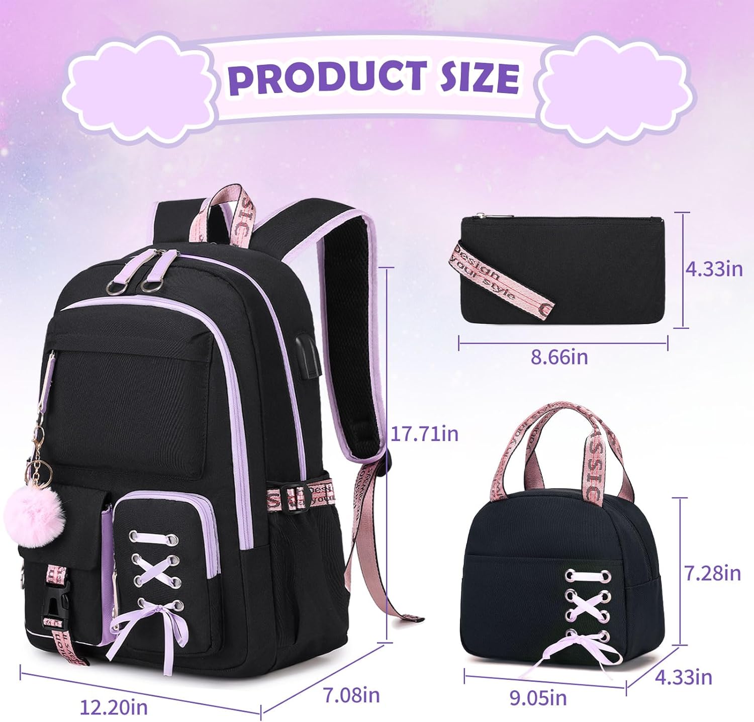 Backpacks for Girls, Girls Backpack with Lunch Box and Pencil Case for Teen Kids Elementary Middle High School College Student, Children Backpack Bookbag with USB Charging Port (Black Purple) - Image 2