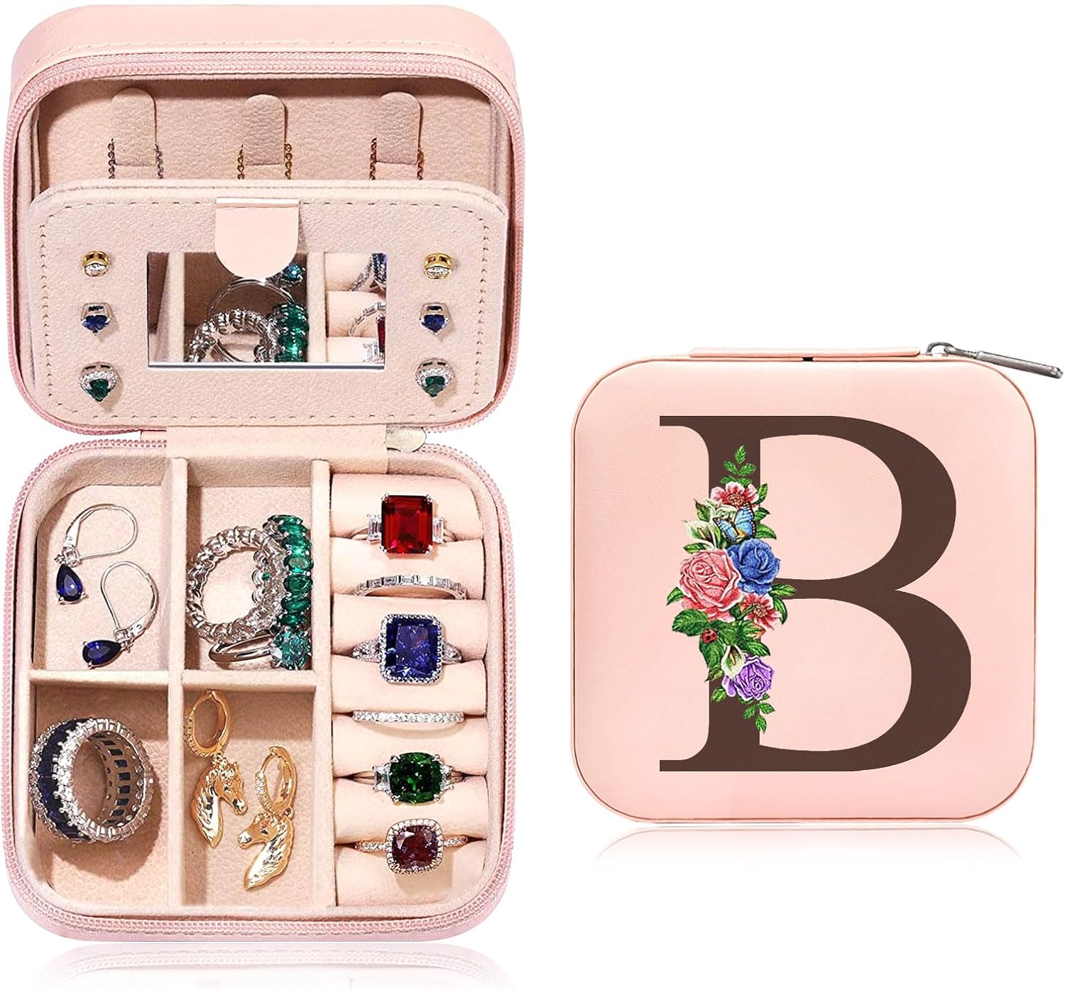 Portagioie Da Viaggio Con Lettera M - Scatola Con Specchio, Ecopelle, Interno Organizzato, 10x10x5 Cm - Foto 11