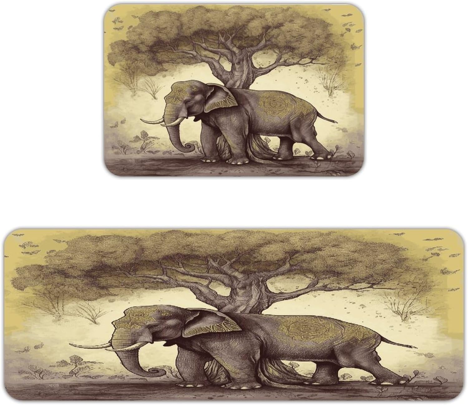 Asian Elephant with Tree Kitchen Mats for Floor 2PCS Cushioned Anti Fatigue Mats Washable Waterproof Kitchen Rugs Non-Slip Comfort Standing Mat Absorbent Runner Rugs for Floor Office Laundry