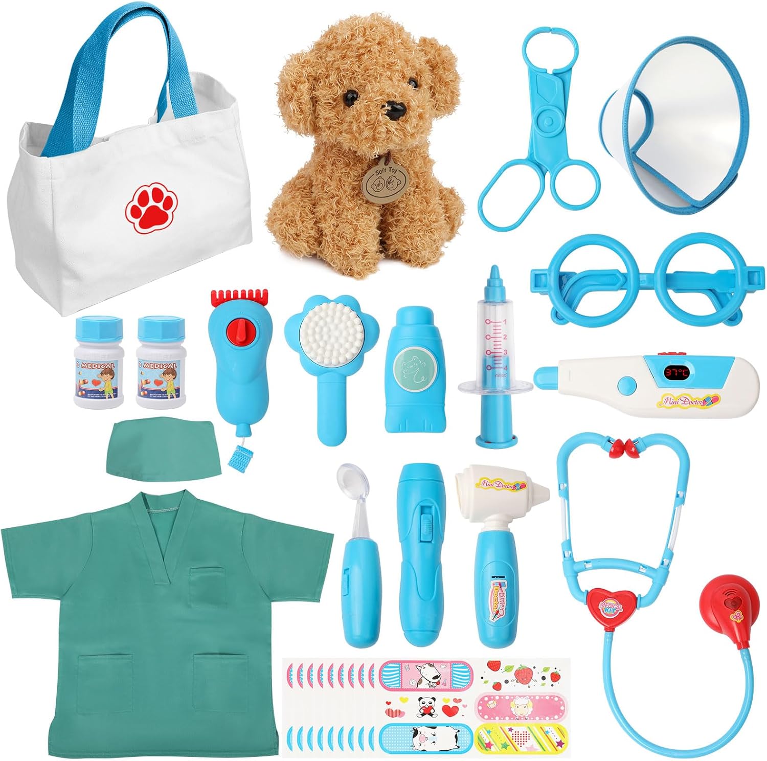 Liberry Doctor Kit for Toddlers 3 4 5 6 Years Old, 28 Pcs Kids Doctor Playset with Dog Toy, Stethoscope and Dress Up Costume, Pretend Play Medical Christmas Gift for Boys Girls (Blue)