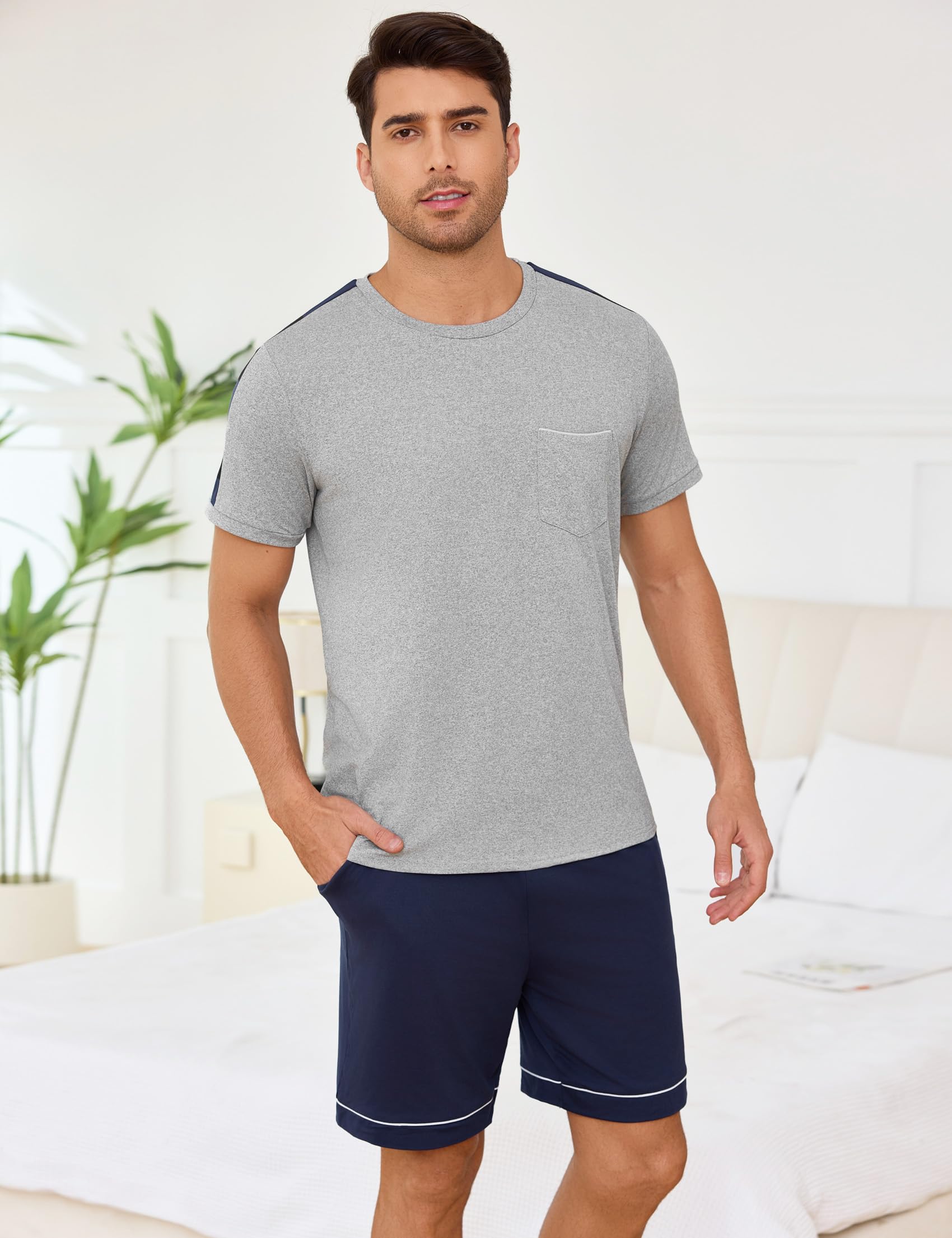 Schlafanzug Herren Kurz Baumwolle Zweiteiliger Pyjama Kurzarm mit Rundhalsausschnitt Schlafanzüge Männer in Kontrastfarbe Nachtwäsche Loungewear Sommer