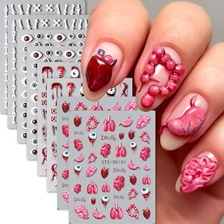 8 Sheets Halloween Nail Stickers for Nail Art 5D Self-Adhesive Nail Decals Embossed Heart Evil Eye Skull Skeleton 3D Sticker Nails Supplies for Women Girls DIY Nails Manicure Decoration