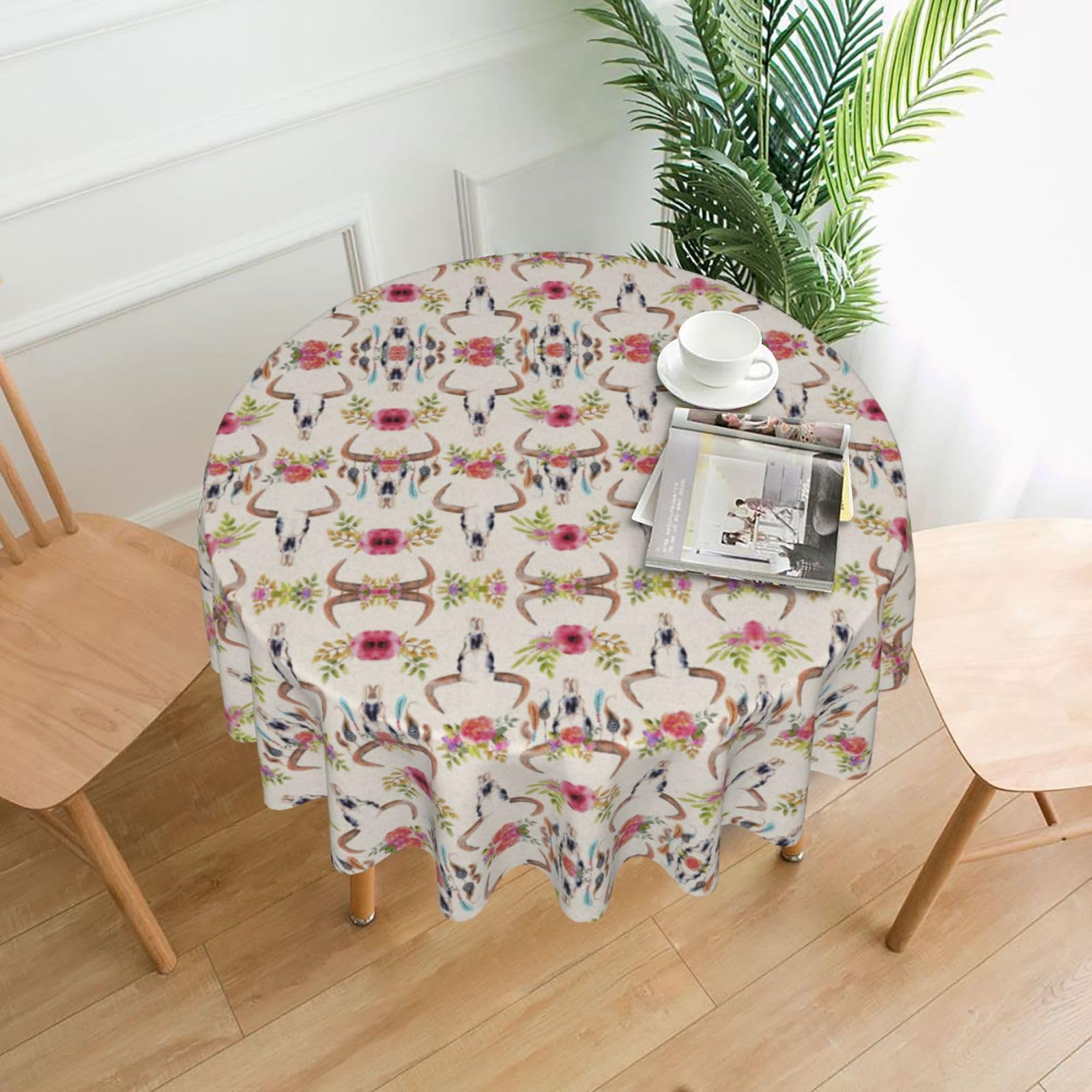 VCzsdff Runner Bull Skull Print Stain Resistant Round Tablecloth 60in Family Friendly Polyester Cloth for Kids Meals