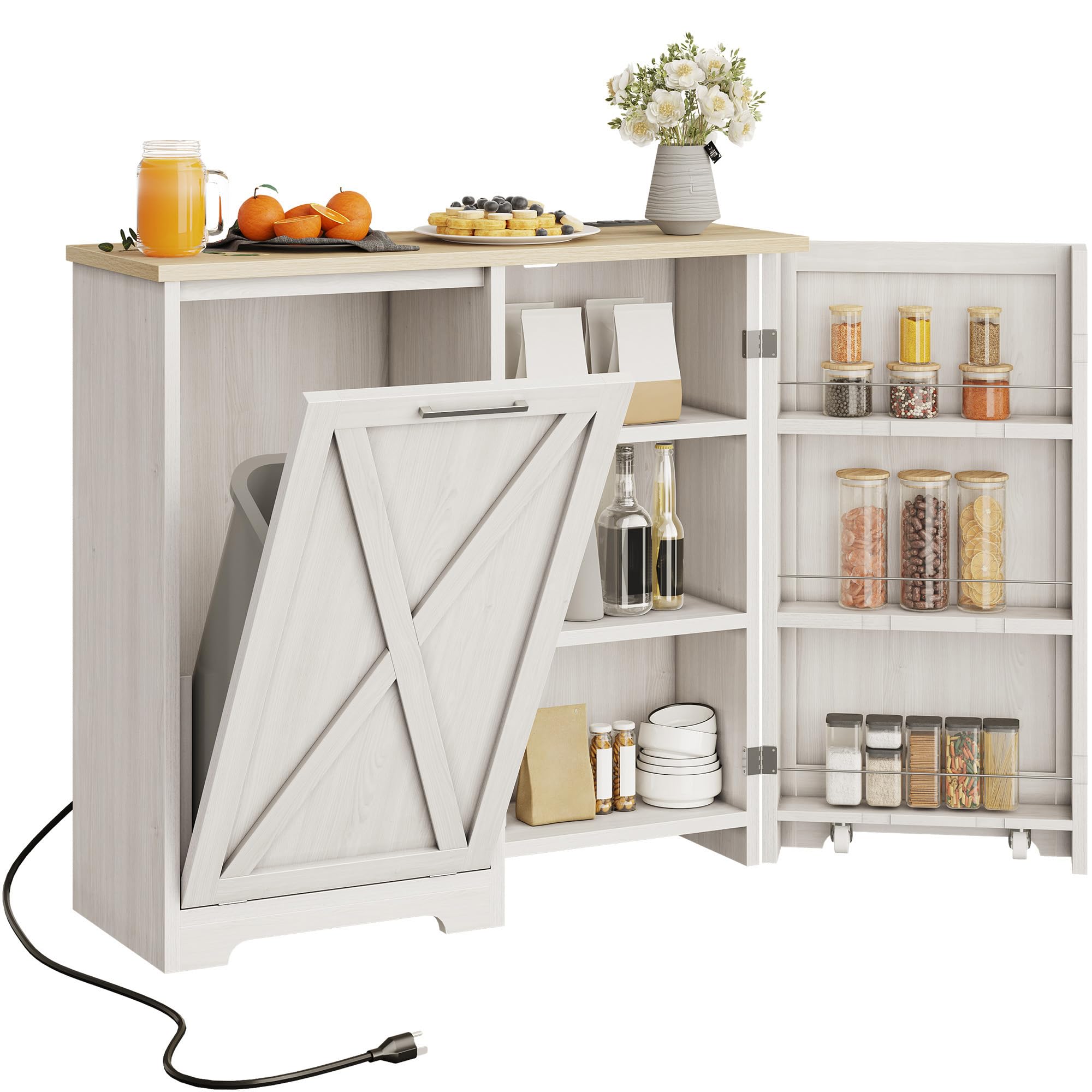 DWVO Tilt Out Trash Can Cabinet with Power Outlet/Adjustable Shelves, 13 Gallon Trash Bin Cabinet Trash Cabinets, Off White