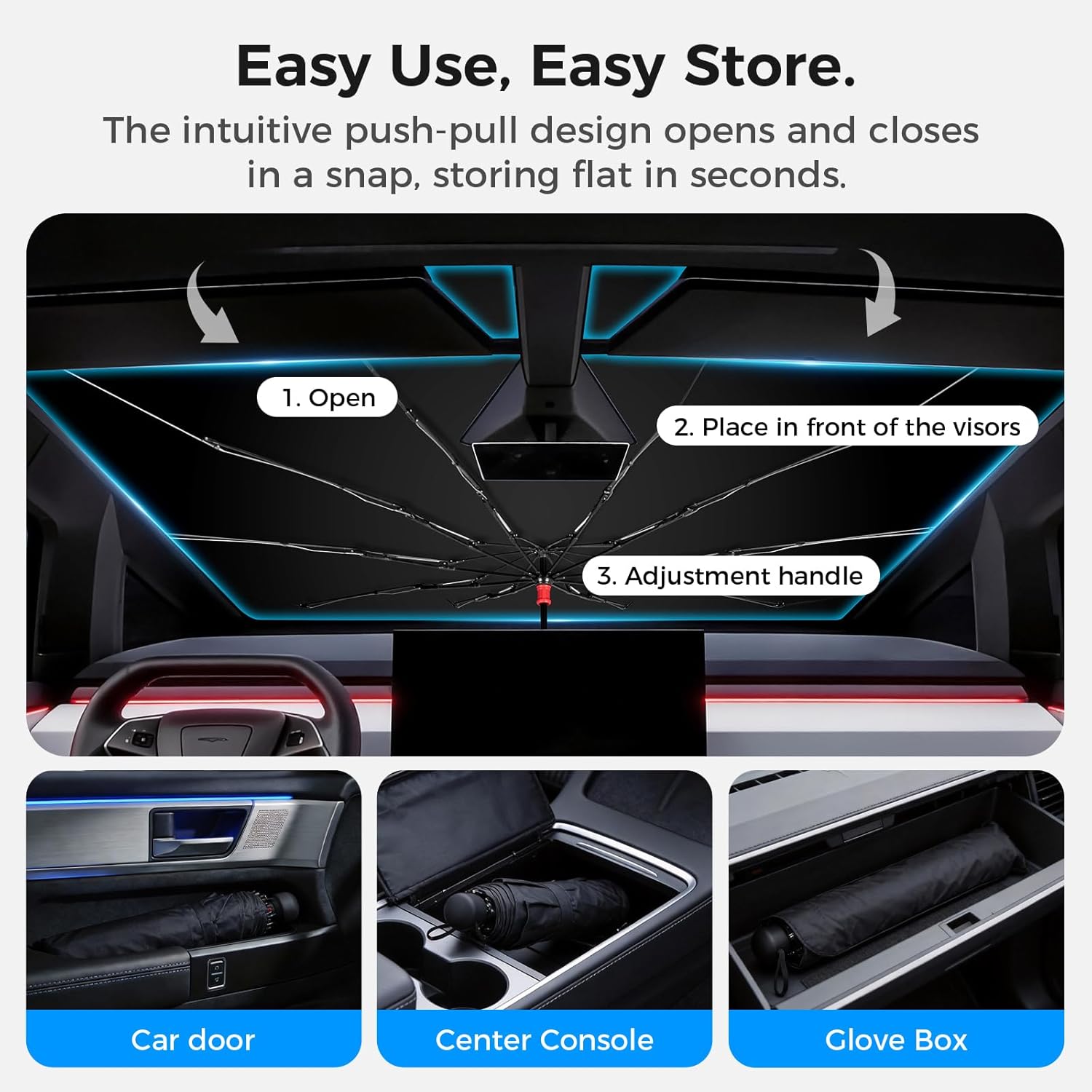 Windshield Sun Shade Umbrella for Cybertruck, Custom Fit Sunshade for Cybertruck Front Windshield, UV Block & Heat Reduction, Reinforced Frame with Dashboard Protection Pad, Foldable Car Sunshade