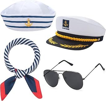 Yacht Captain Hat, Sailor Hat Costume Accessories Set with Navy Scarf and Sunglasses, Nautical Hats for Men Women
