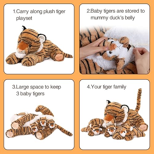 Miniatura 5 de MaoGoLan Animales de peluche grandes de tigre para niños peluche de mamá tigre con 3 tigres pequeños 4 animales de peluche a granel para colección