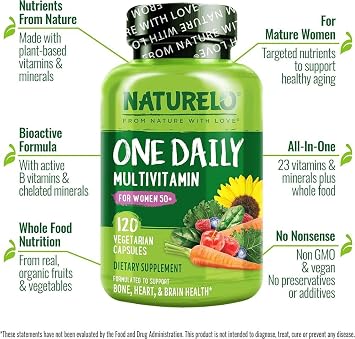 Women’s 50+ Multivitamin One Daily | 120 Vegan Capsules (4 Month Supply) | 29 Essential Vitamins & Minerals, Whole Food with Fruit & Veg Extracts, Iron Free, Gentle, No Tablets | NATURELO