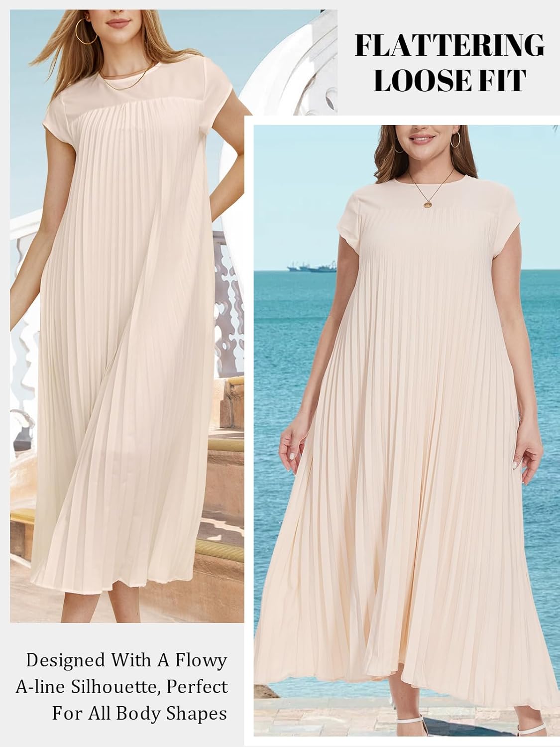Women's Church Pleated Maxi Dress 2025 Summer Cap Sleeve Maternity Modest Flowy Dresses with Pockets - Image 5
