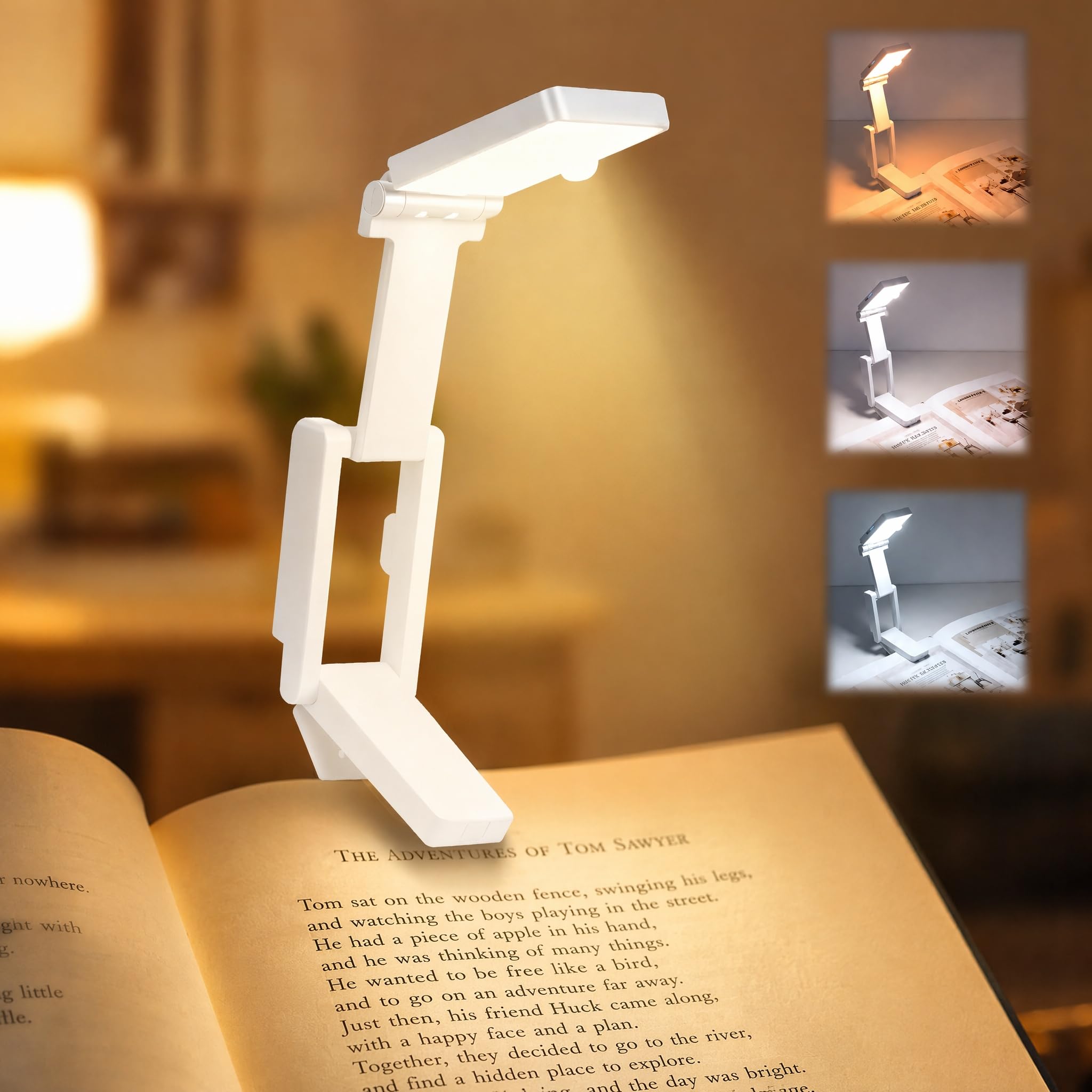 White Reading Light for Books in Bed, Rechargeable LED Book Light with 3 Colour Modes & Stepless Dimming, Portable Clip on Reading Lamp for Night Reading, Study, Travel