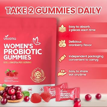 VivoNu Probiotics for Women, Women Probiotic Gummies, 500 Million CFUs, Fiber | Feminine Balance Gummies for Healthy Odour, Digestive Support and Gut Health + Vitamin C for Immune Support - 60 Gummies