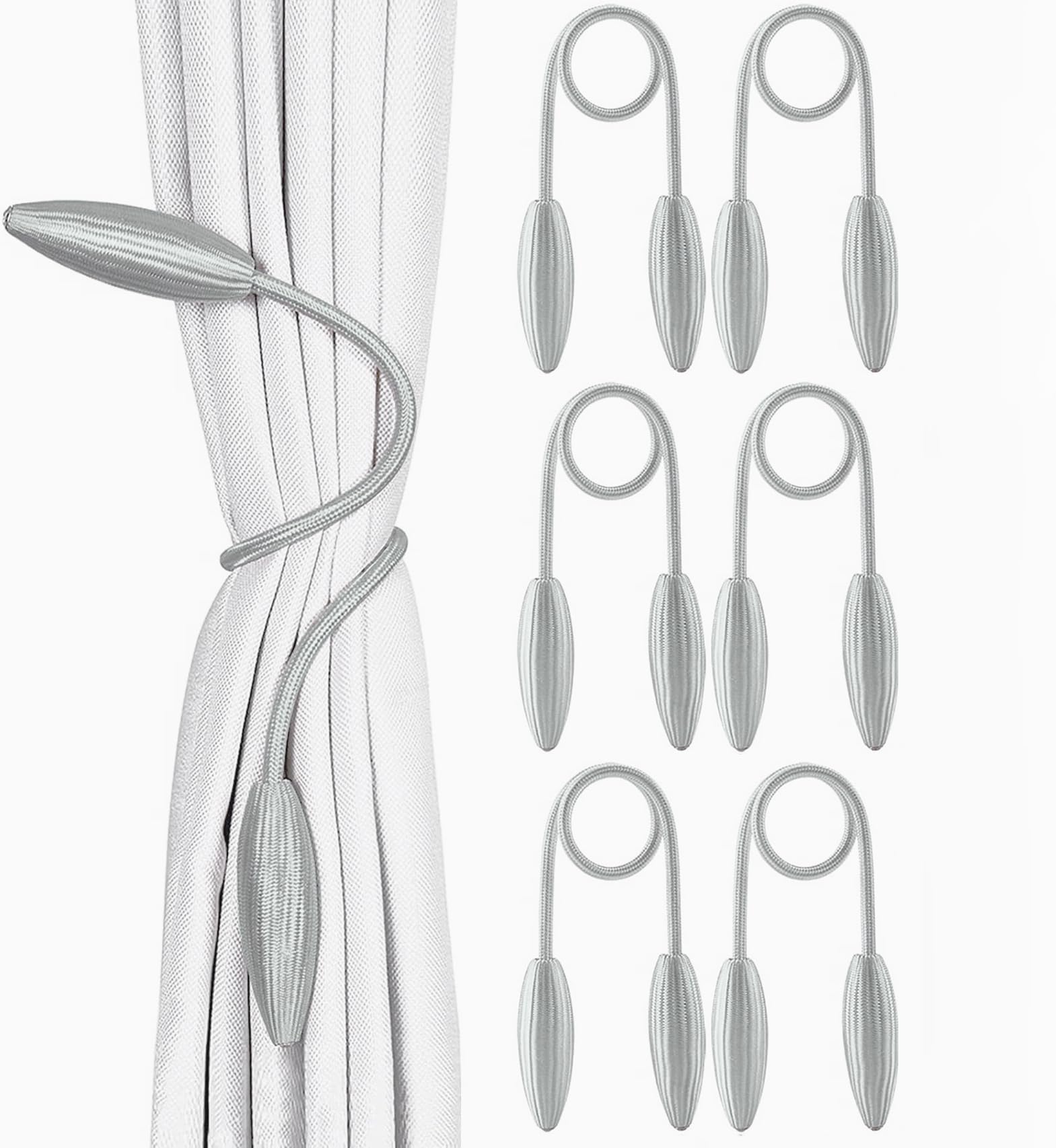 INOVERA (LABEL) 6 Pieces Windows Curtain Tiebacks - Curtains Holder Twist Tieback - Drapery Holdbacks for Office Home Decorative Accessories (Grey)