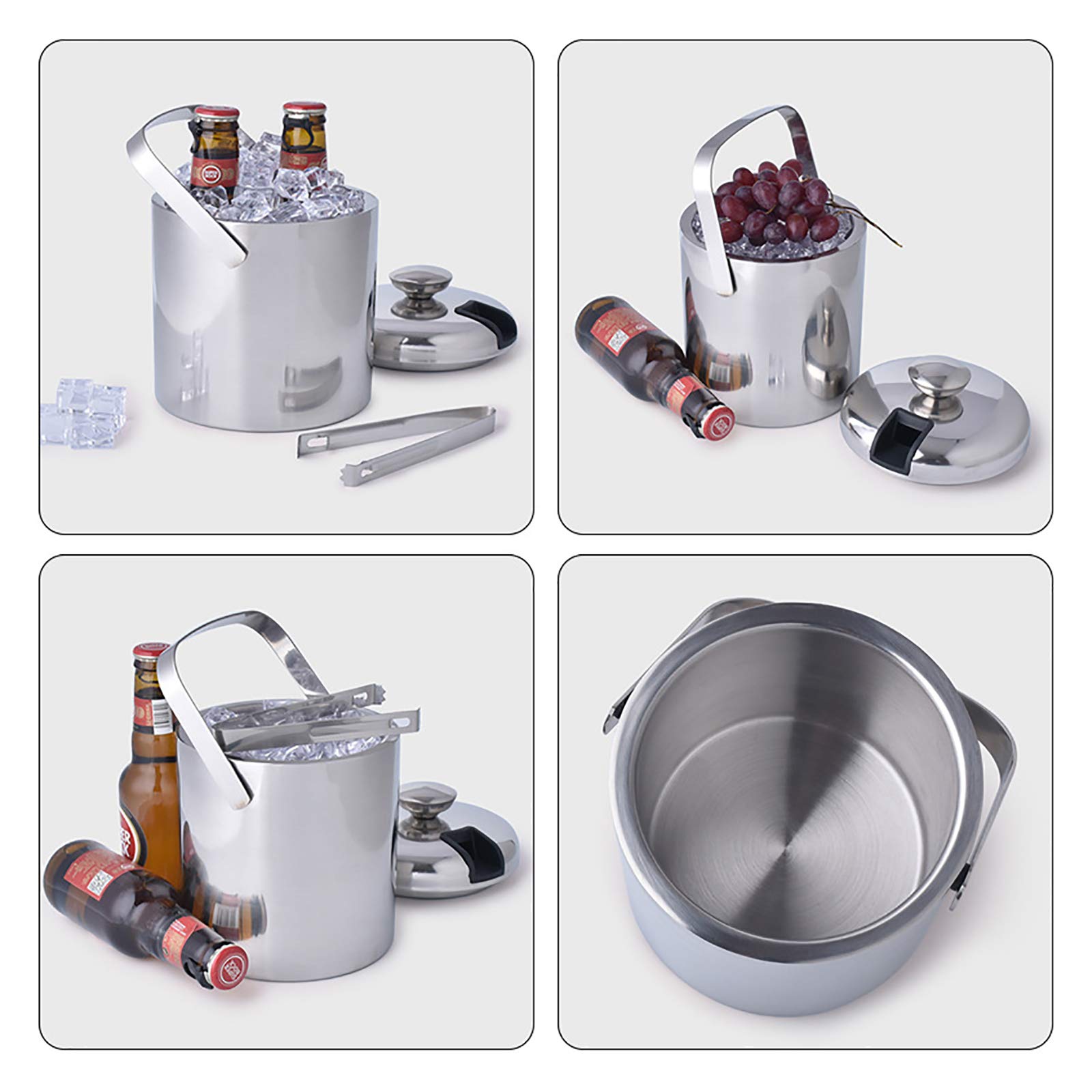 Secchiello Per Ghiaccio In Acciaio Inox 3 Litri Con Coperchio E Pinza - Doppia Parete Isolata - Per Cocktail, Birra, Champagne E Frutta - Filtro Integrato