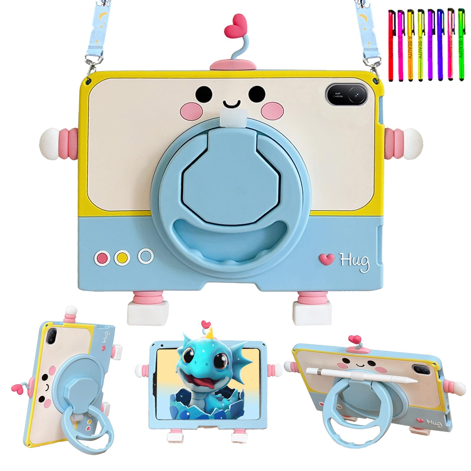 A-BEAUTY Kids Case Compatible with Huawei MatePad SE 11 Inch 2024 Cute Robot Kids Case with Pencil Holder, 360° Rotating Handle Stand, Shoulder Strap