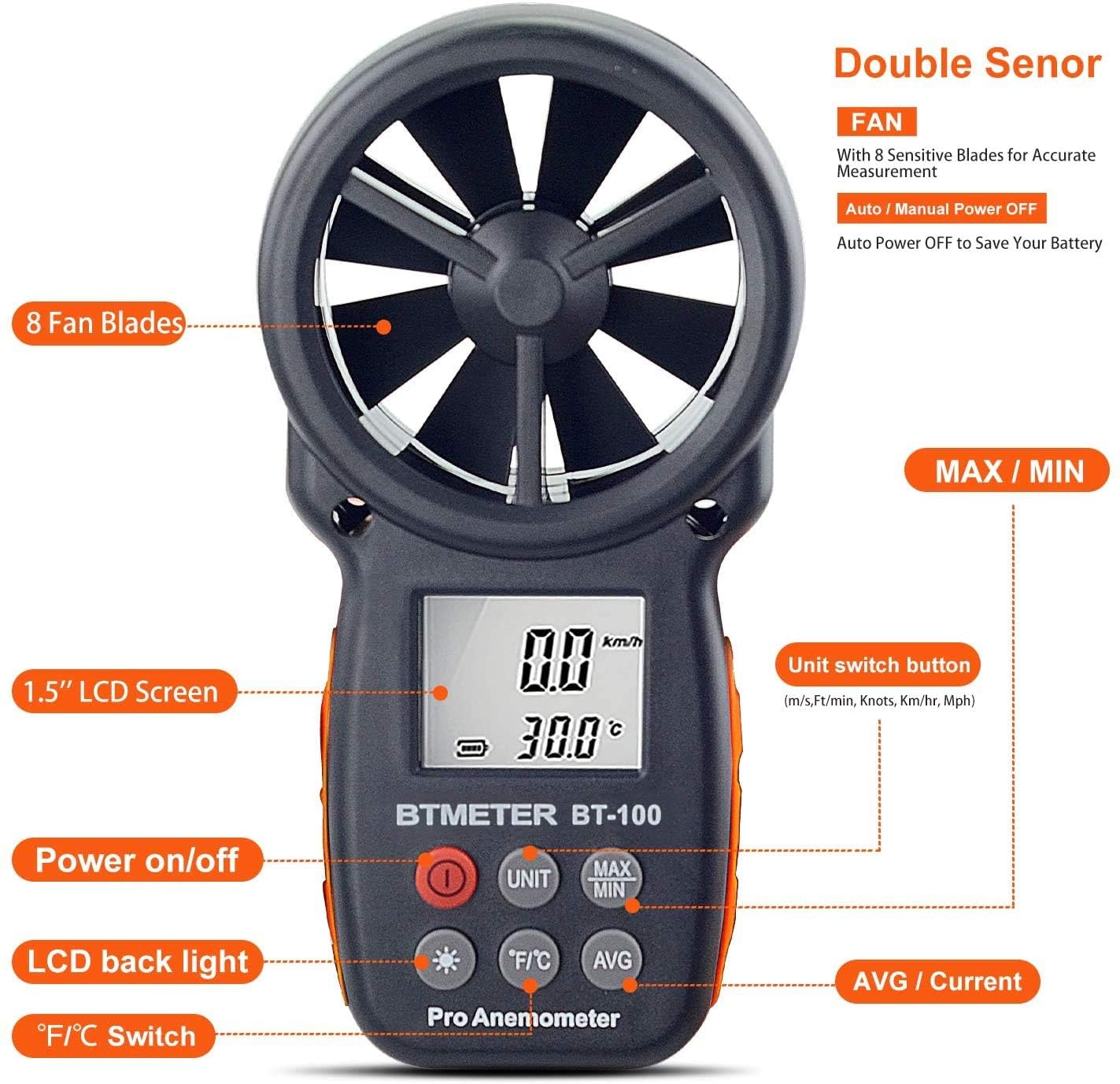 BTMETER BT-100 Anemometre Portable Anémomètre Numérique digital anémomètres, mesure de vent la Température avec MAX/MIN/AVG pour VMC Drones -2 Pièces