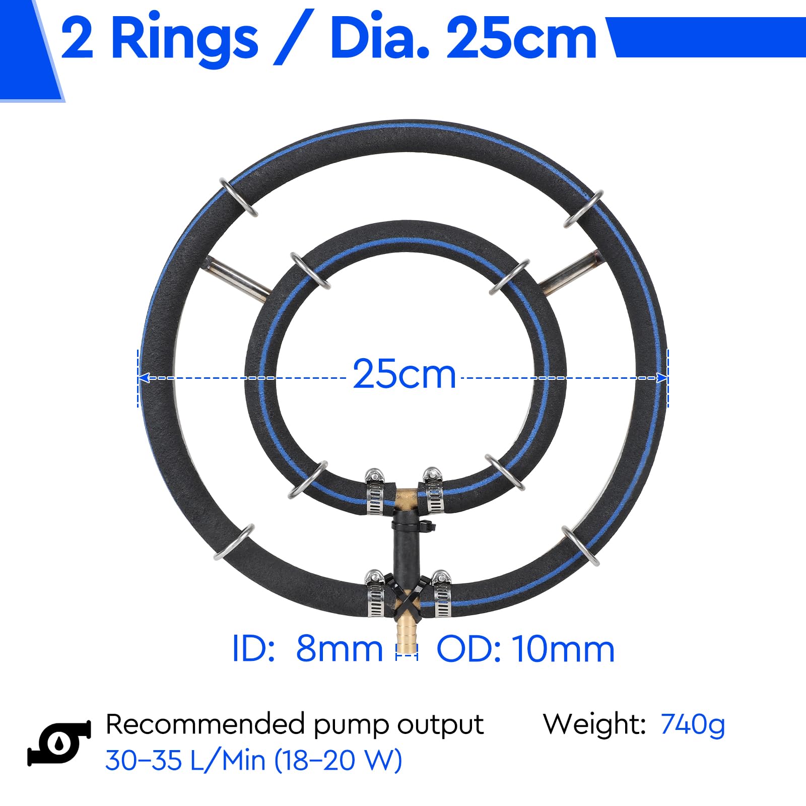 efuturetime Aireación para Estanque, Anillo de Aireación de φ25 cm, 2 en 1 Anillos de Acero Inoxidable 304, Aireador de Estanque con Manguera de 5 m y φ9 mm
