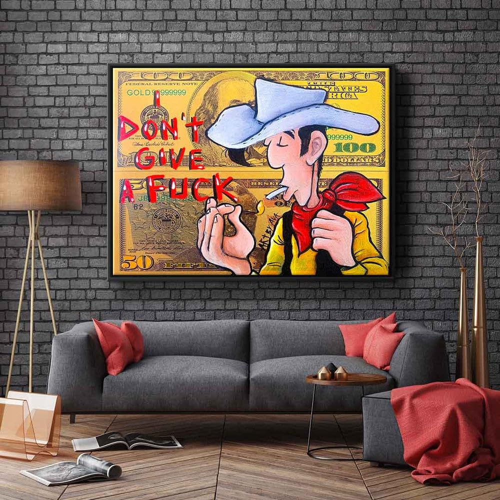 DotComCanvas Leinwandbild Lucky Luke Dollar Geld Comic Cartoon I don't give a fuck Größe 80 X 60 CM, Farbe Ohne Rahmen