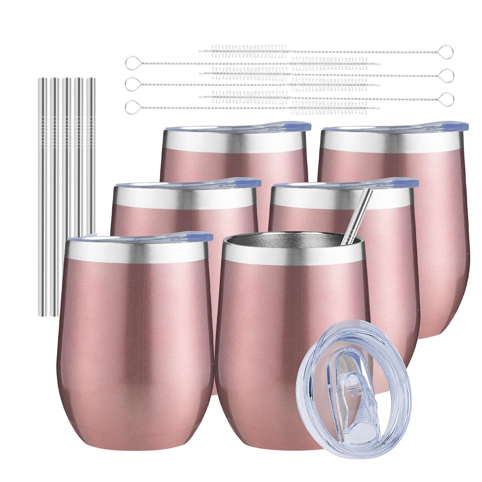 MEZMUT 340 ml isolierter Weinbecher mit Deckel, doppelwandig, Vakuum-Edelstahl, Weinglas, Kaffeebecher, isolierter Becher für Champaign, Cocktail, Bier (Roségold, 6 Stück)