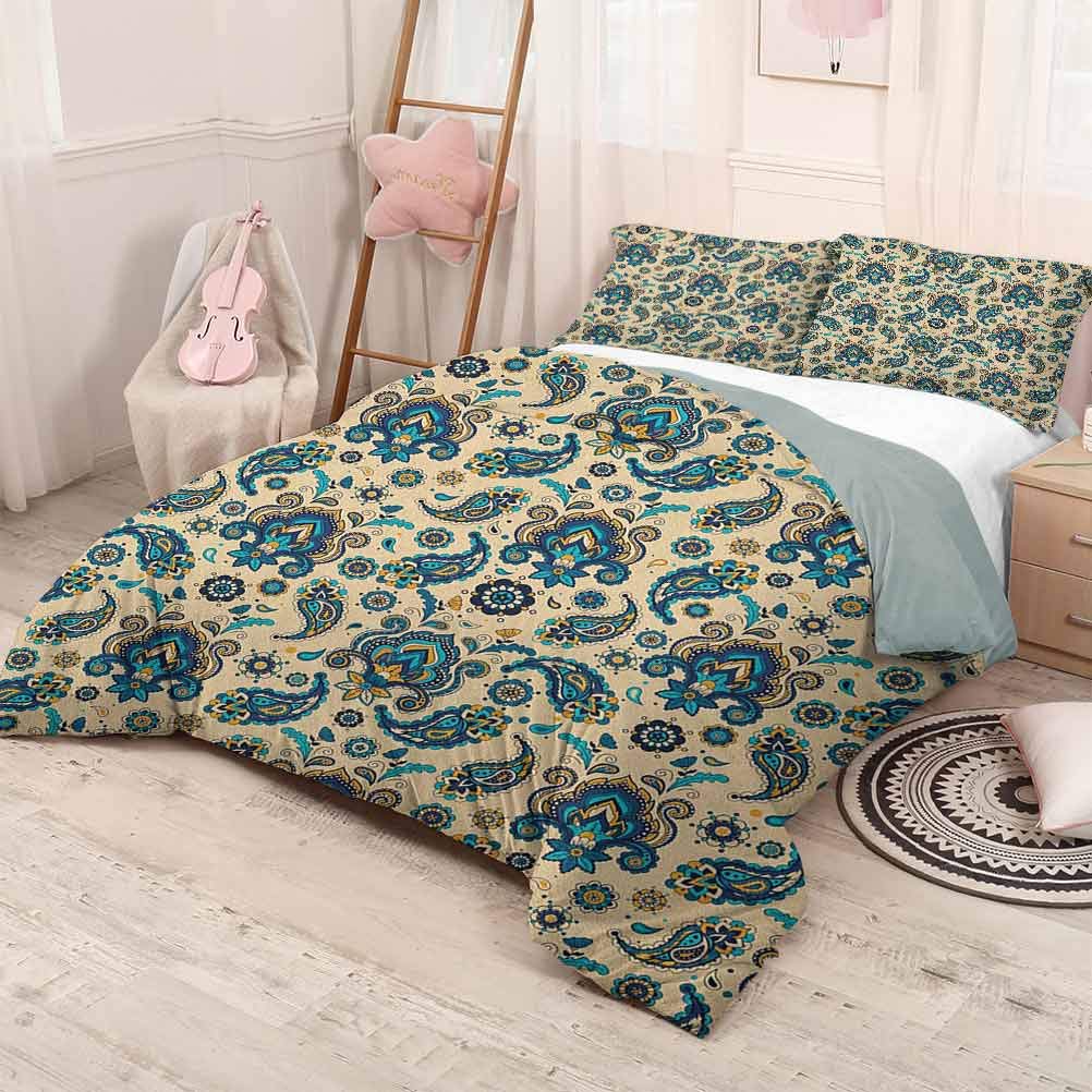 prunushome Paisley Duvet Cover SetColorful Vintage Floral Design Pattern with Oriental Paisley Retro Design Light-Weight Yellow Blue Cream 90x90in/20x30inx2