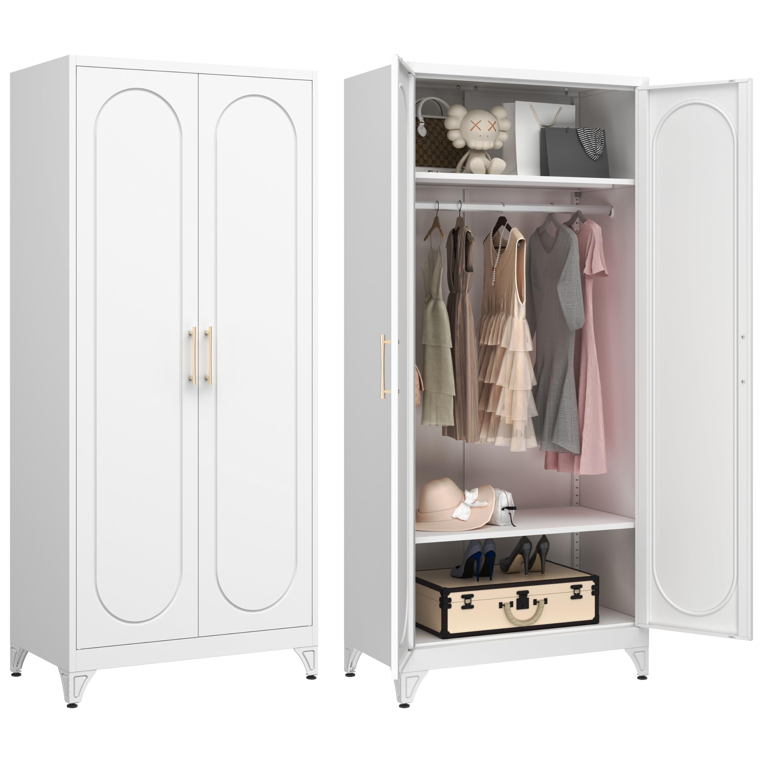 MetalMax Armoire Wardrobe Closet, 71" Tall Metal Storage Cabinet with Hanging Rod and Adjustable Shelves, Clothes Wardrobe Cabinet, White Armoires,
