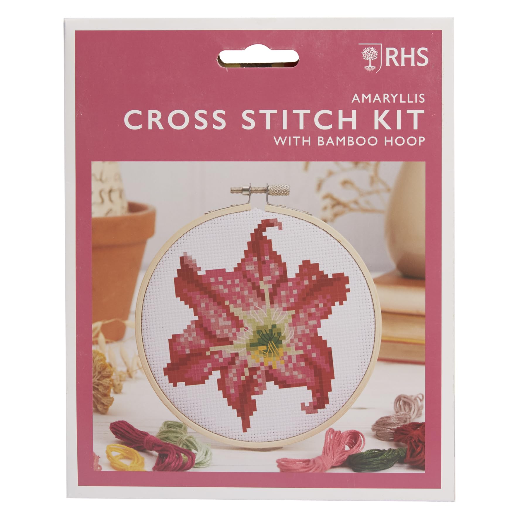 RHS The Royal Horticultural Society Cross Stitch Kit, Amarylis Design, 5", Embroidery Kits Adults, Cross Stitch Kits for Beginners, Gift Idea, with Patterns, Needlecraft Set