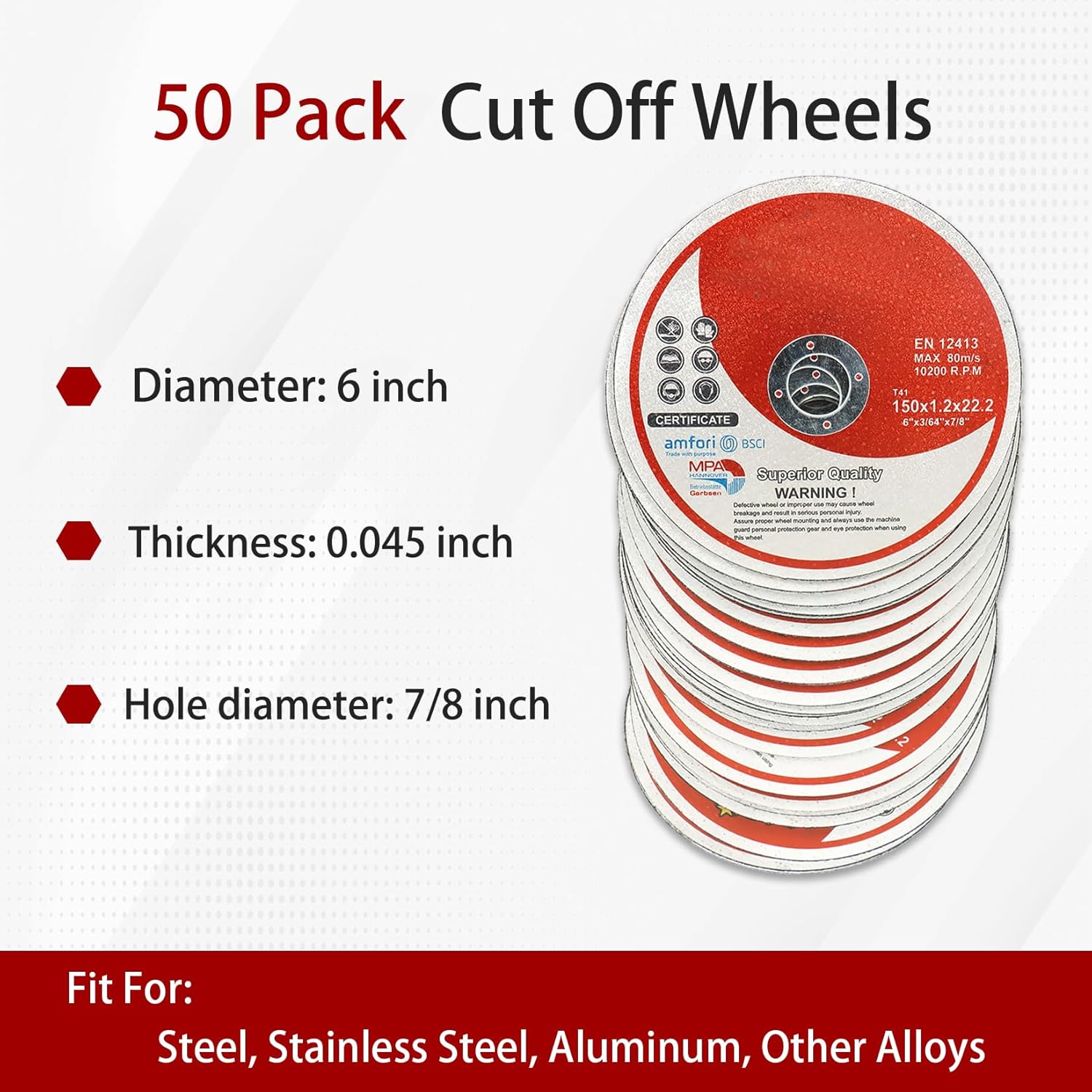 Cut Off Wheels 50 Pack 6 x .045 x 7/8 Inch Metal and Stainless Steel Cutting Discs for Angle Grinders