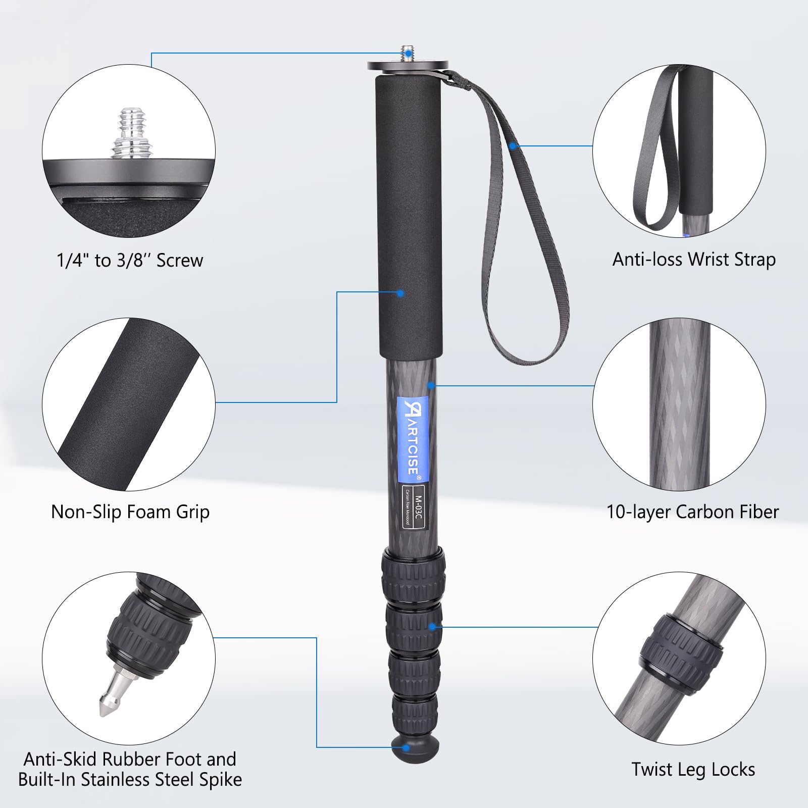 ARTCISE Monopod do aparatu, 65"/165 cm, M03C, kompaktowy, lekki, 5-częściowy jednonożny statyw z włókna węglowego, przenośny statyw jednonożny do lustrzanek cyfrowych, Canon, Nikon, Sony, kamera wideo