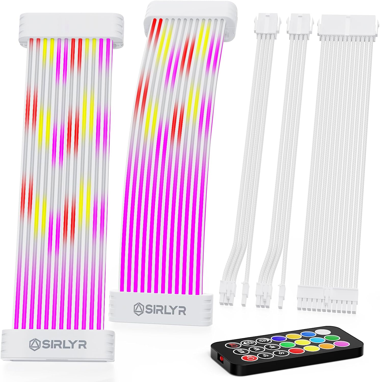 Sirlyr RGB PSU Cables Set with Lighting Panels and 24 Pin Motherboard,2× 8 Pin GPU PC Power Supply Extension Cable Mod - Upgrade 120 LEDs 6 Light Strips with Remote ARGB Control