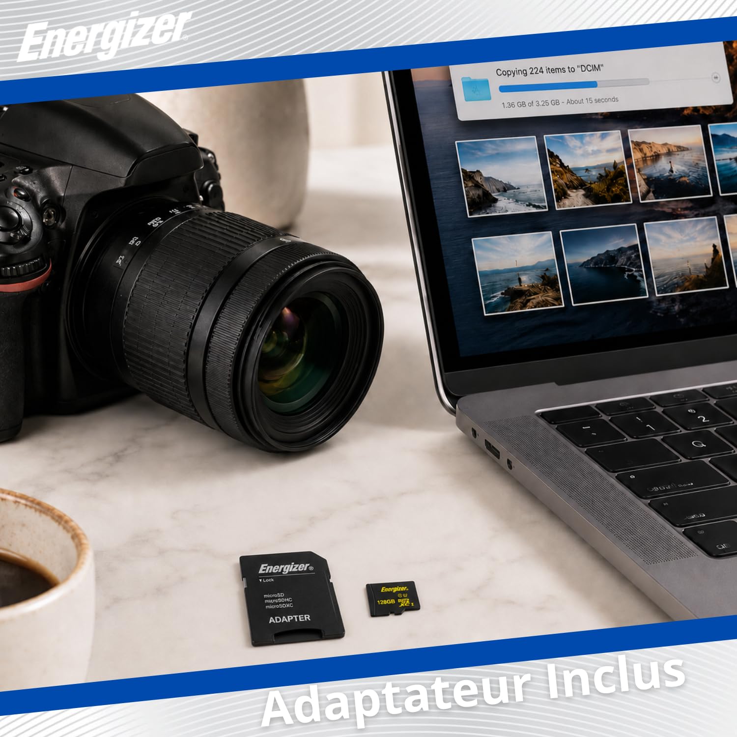 Energizer Carte Mémoire MicroSDXC 128 Go avec Adaptateur SD Inclus - Classe 10, UHS-I U1, Vitesse de Lecture 80 Mo/s - Stockage pour Smartphone, Tablette, Nintendo Switch et Appareil Photo