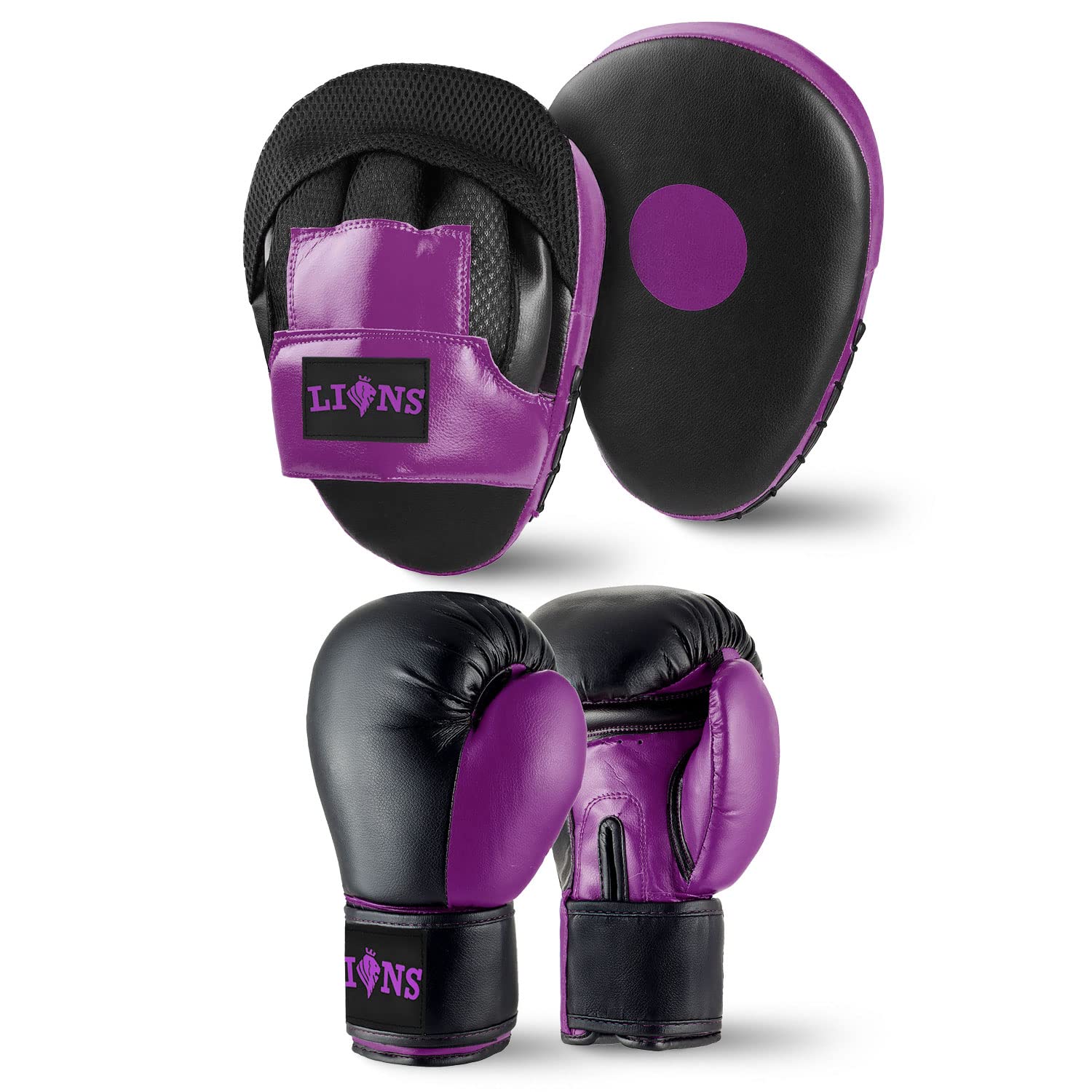 Lions Boxing Gloves and Pads Set - Sparring Gloves and Hook and Jab Pads Focus Punch Bag Mitts, Ideal for Martial Arts Mma Muay Thai Gym, Men Women Kids Boxing Set (10oz, Purple)